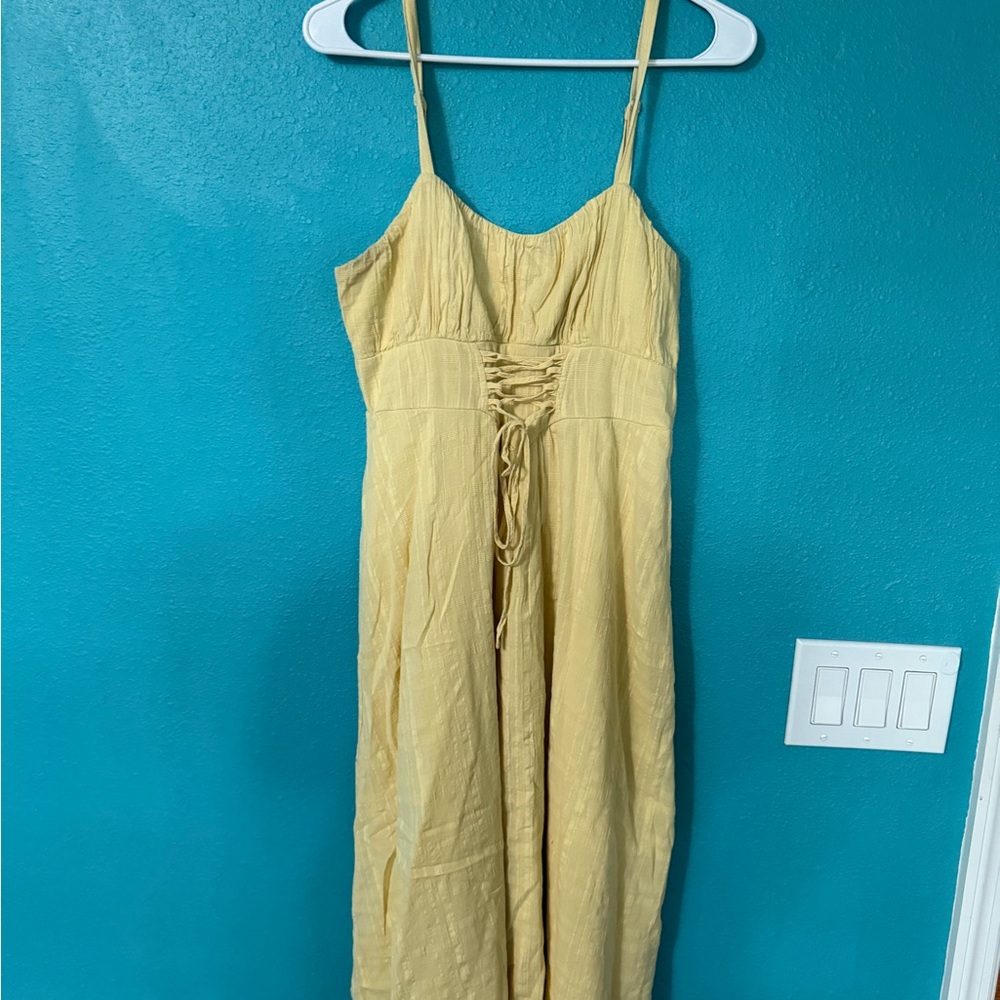 Yellow Midi Dress with Front Lace-Up Detailing